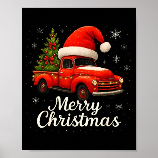 Old Red Truck Santa Hat Xmas Tree Merry Christmas  Poster (Vorne)