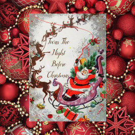 Old Red Vintage Santa Claus Flying Reindeer Sleigh Karte