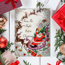 Old Red Vintage Santa Claus Flying Reindeer Sleigh Postkarte