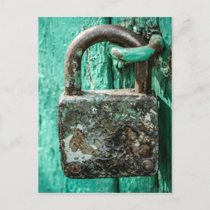 Old Rusted Lock Teal Aqua Blue Wood Door Postkarte