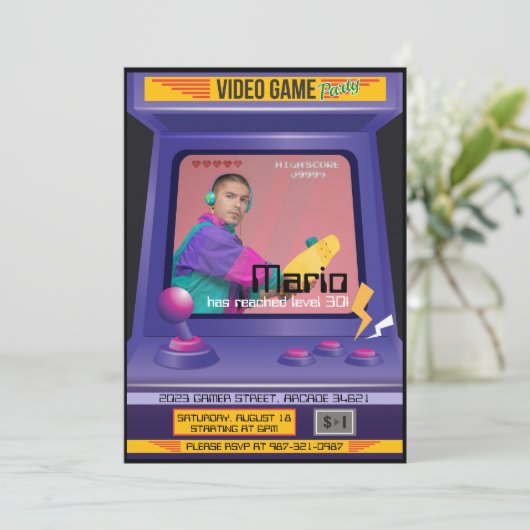 Old School Arcade Videogame Einladung (Stehend Vorderseite)