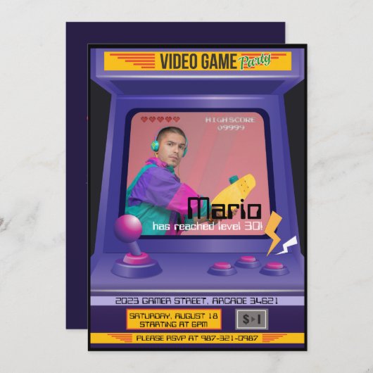 Old School Arcade Videogame Einladung (Vorne/Hinten)