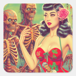 Old School Horror Girl Quadratischer Aufkleber