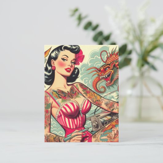 Old School Tattoo Button-up Postkarte (Stehend Vorderseite)