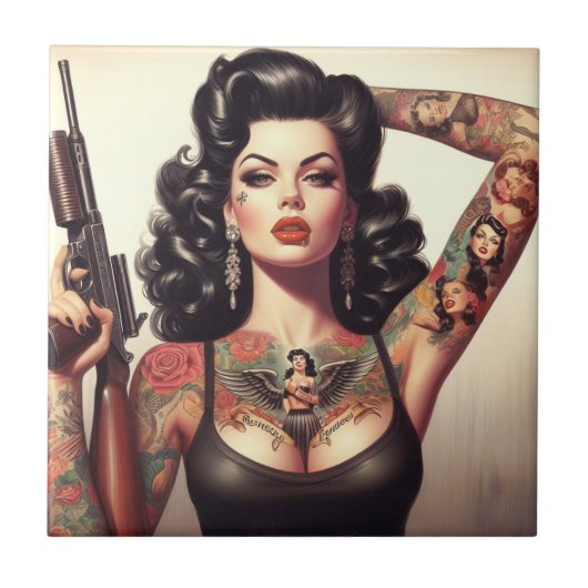 Old School Tattoo Girl Fliese (Vorderseite)