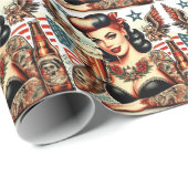 Old School Tattoo Girl Geschenkpapier (Rolleneckpunkt)