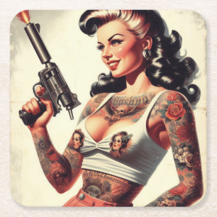 Old School Tattoo Hot Girl Rechteckiger Pappuntersetzer