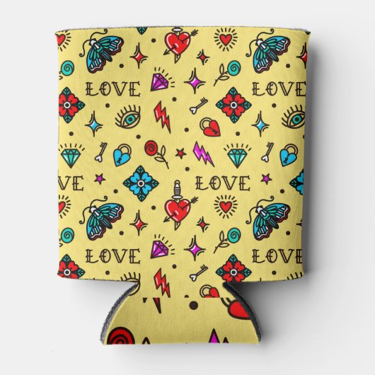 Old School Tattoo Liebe Muster Dosenkühler (Vorderseite)