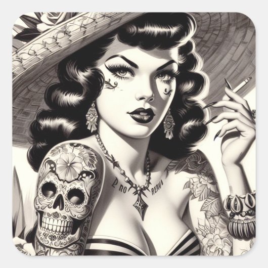 Old School Tattoo Pinup Quadratischer Aufkleber (Vorderseite)