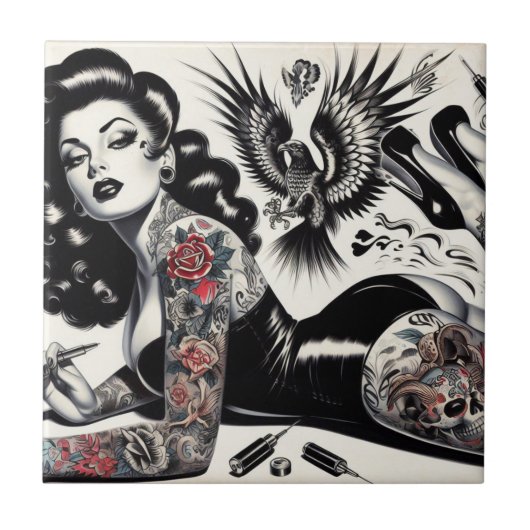 Old School Tattoooed Girl Fliese (Vorderseite)