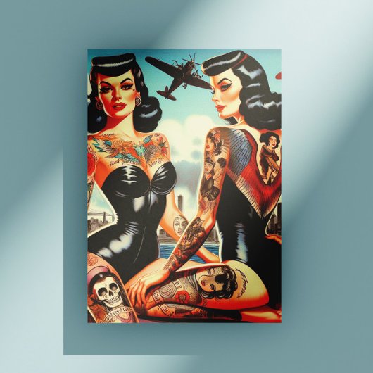 Old School Tatttooed Pin-up Postkarte