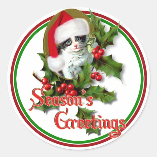 Old Style Weihnachten Kitten Jahreszeit Grüße Runder Aufkleber (Vorderseite)