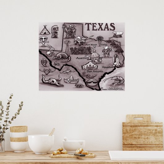 Old Texas Cartoon Map Poster (Küche)