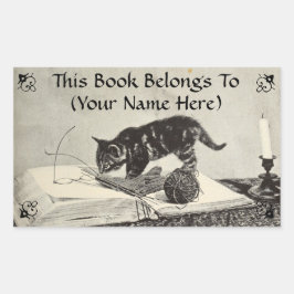 Old Time Kitten Cat Knitting Book Plate Rechteckiger Aufkleber