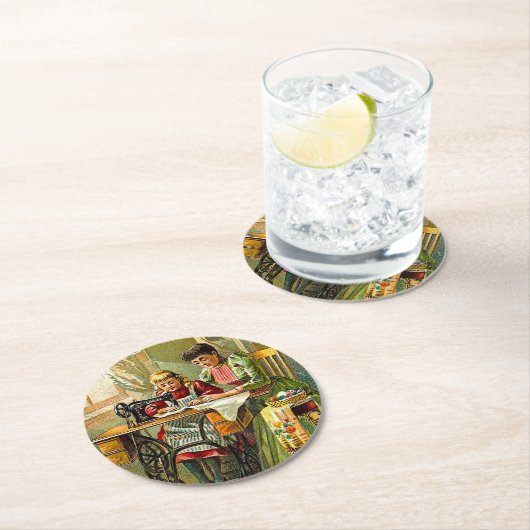 Old TIme Singer Nähmaschine Mutter und Tochter Runder Pappuntersetzer (Vor Ort)