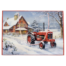 Old Traktor und Barn Snowy Winter Farm Weihnachten Große Geschenktüte