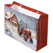 Old Traktor und Barn Snowy Winter Farm Weihnachten Große Geschenktüte (Vorderseite Schrägansicht)