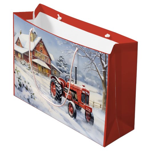 Old Traktor und Barn Snowy Winter Farm Weihnachten Große Geschenktüte (Vorderseite Schrägansicht)