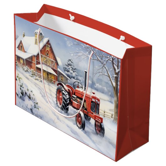 Old Traktor und Barn Snowy Winter Farm Weihnachten Große Geschenktüte (Rückseite Schrägansicht)