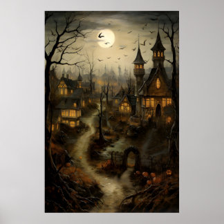 Old Village With Pumpkins, Halloween Countryside Poster