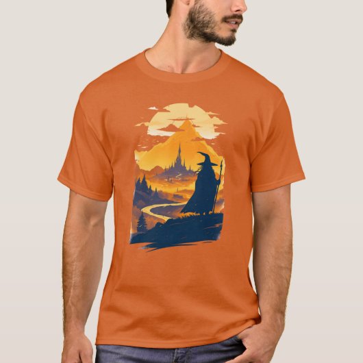 Old Wanderer Gazing at a Mystical City Fantasy T-Shirt (Vorderseite)