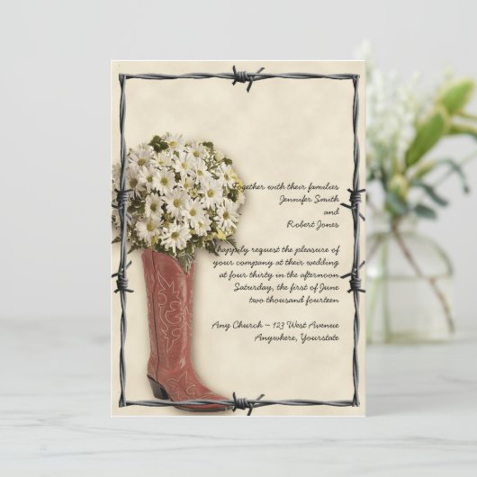Old West Boot Bouquet verblasst 2 Hochzeit Einladu Einladung (Stehend Vorderseite)