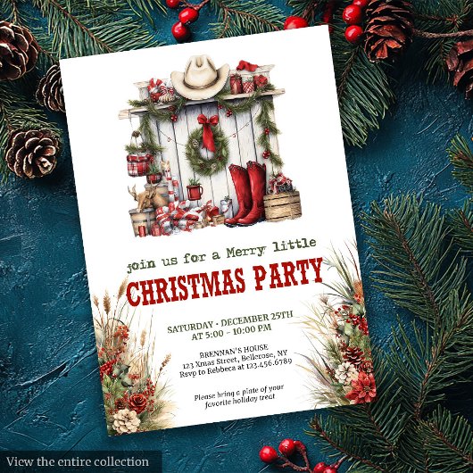 Old West Christmas party printable red green Einladung