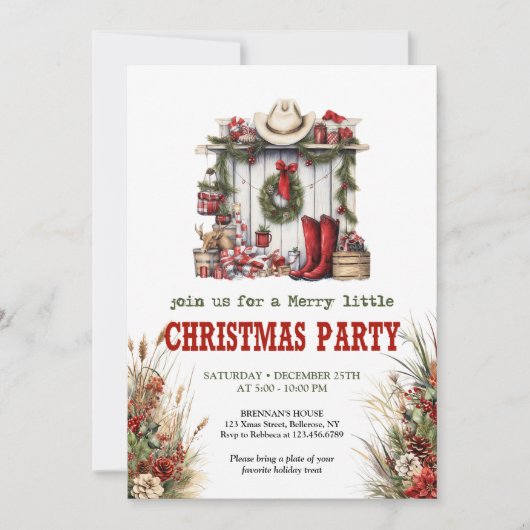 Old West Christmas party printable red green Einladung (Vorderseite)