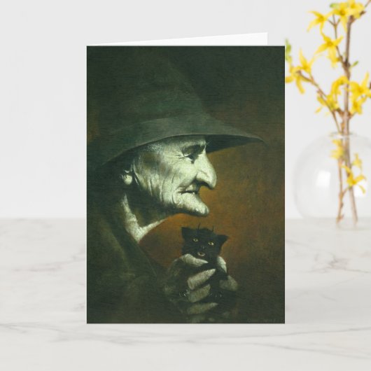Old Witch with Familiar Greetings Card Karte (Gelbe Blume)