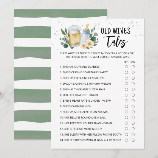 Old Wives Tales Game Greenery Baby Is Brewing card Einladung (Vorne/Hinten)