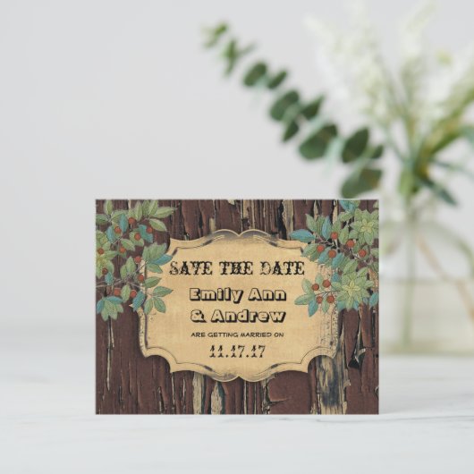 Old Wood Country Chic Save the Date Ankündigungspostkarte (Stehend Vorderseite)