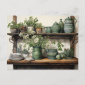 Old Wood Kitchen Shelf Grün Weiße Geschirr Postkarte (Vorderseite)