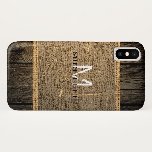 Old Wood Look Burlap Rustic Monogram Case-Mate iPhone Hülle (Rückseite (Horizontal))