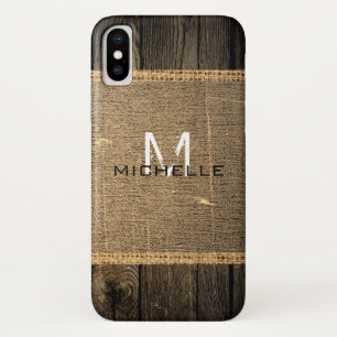 Old Wood Look Burlap Rustic Monogram iPhone X Hülle