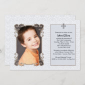 Old World Blue Damask Foto Religiöse Einladung (Vorne/Hinten)