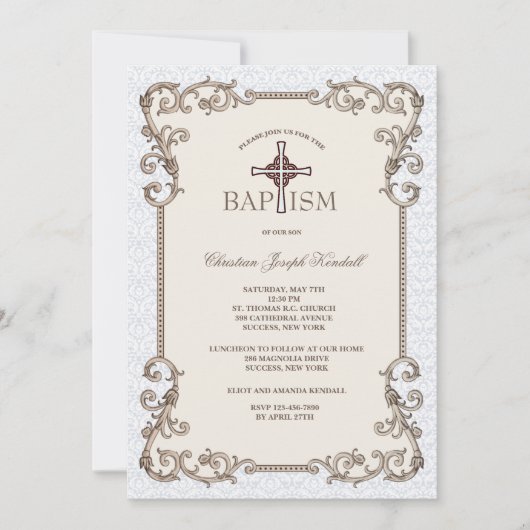 Old World Blue Taufe Einladung (Vorderseite)