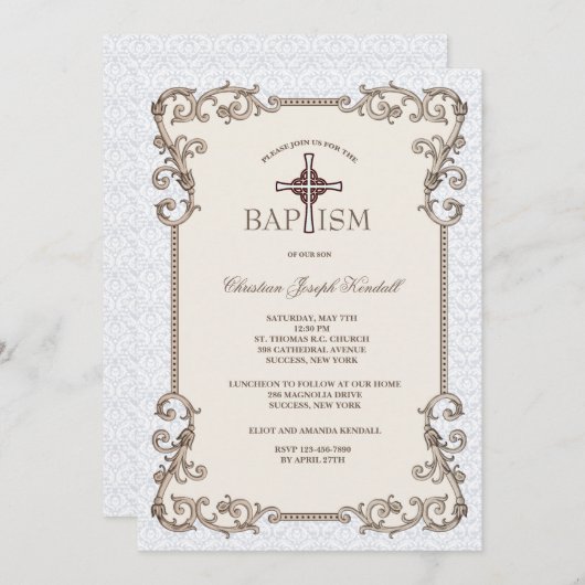 Old World Blue Taufe Einladung (Vorne/Hinten)