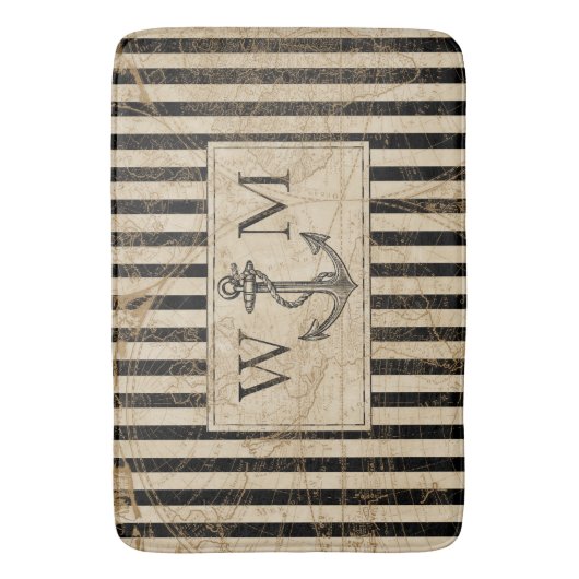 Old World Map Nautic Anchor Monogram Badematte (Vorderseite Vertikal)