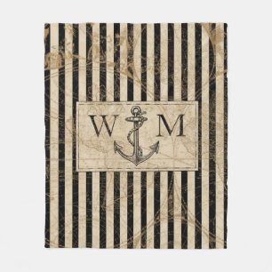 Old World Map Nautic Anchor Monogram Fleecedecke