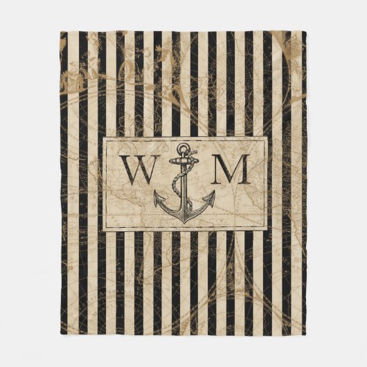 Old World Map Nautic Anchor Monogram Fleecedecke (Vorderseite)