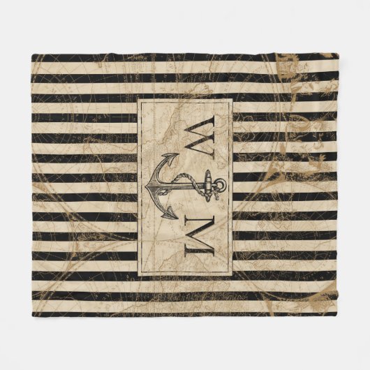 Old World Map Nautic Anchor Monogram Fleecedecke (Vorderseite (Horizontal))