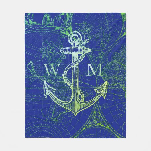 Old World Map Nautic Anchor Monogram Fleecedecke (Vorderseite)