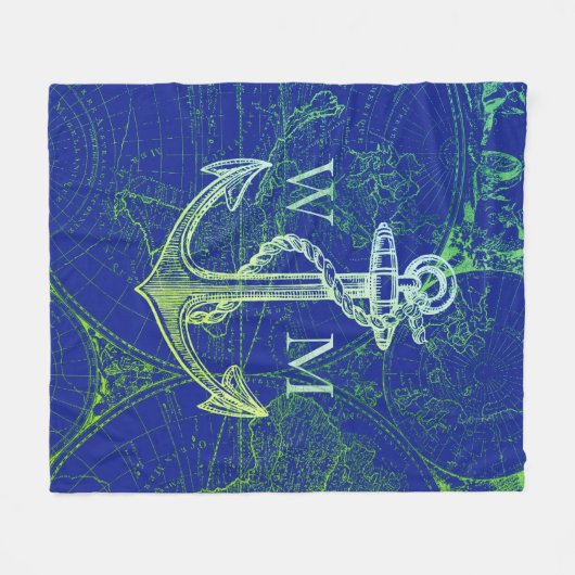 Old World Map Nautic Anchor Monogram Fleecedecke (Vorderseite (Horizontal))