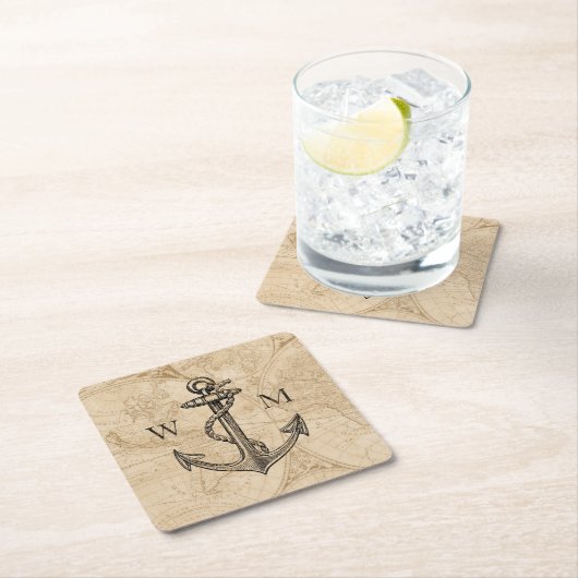 Old World Map Nautic Anchor Monogram Rechteckiger Pappuntersetzer (Vor Ort)