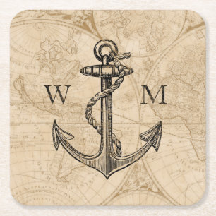 Old World Map Nautic Anchor Monogram Rechteckiger Pappuntersetzer