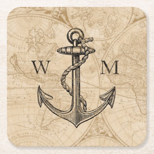 Old World Map Nautic Anchor Monogram Rechteckiger Pappuntersetzer (Vorderseite)