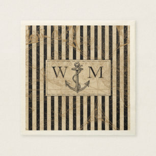 Old World Map Nautic Anchor Monogram Serviette