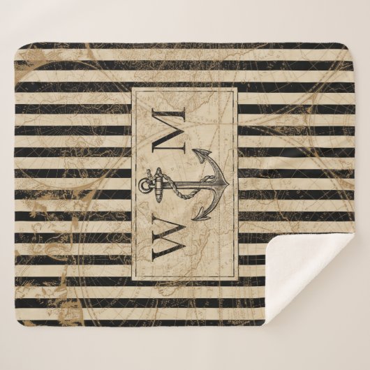 Old World Map Nautic Anchor Monogram Sherpadecke (Vorderseite (Horizontal))