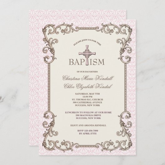 Old World Pink Taufe Twins Einladung (Vorne/Hinten)