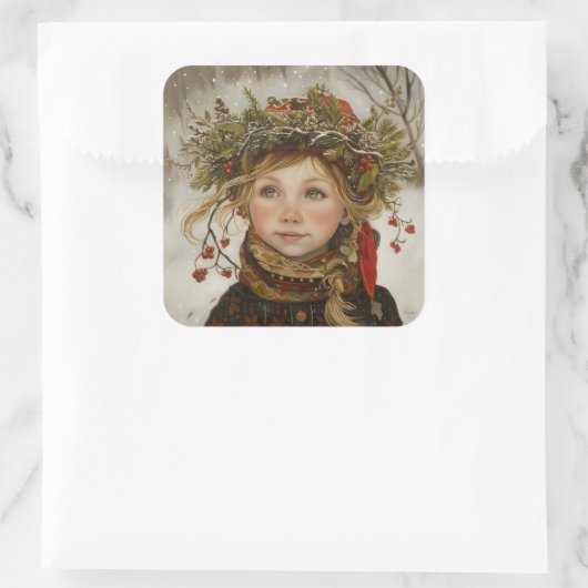 Old World Winter Child Quadratischer Aufkleber (Tasche)